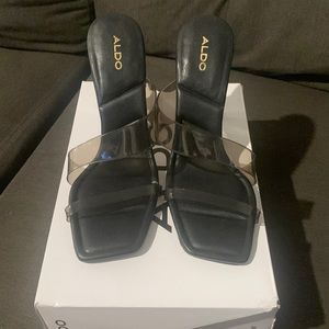 Clear black Aldo Aderra open toe heels